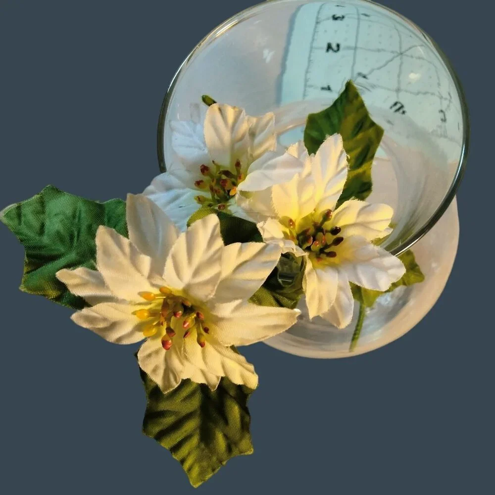Artificial White Poinsettia Flower Stem Green Leaves Vintage Floral Craft